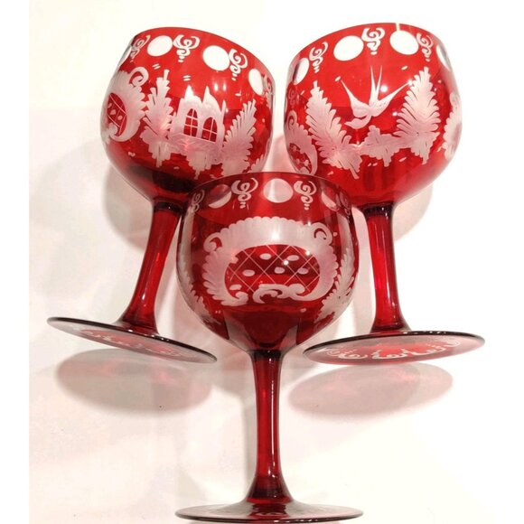 Vtg EGERMANN Ruby Wine Glass Stag Red Staining Bohemian Baroque 2.5x4.5" - Picture 2 of 16